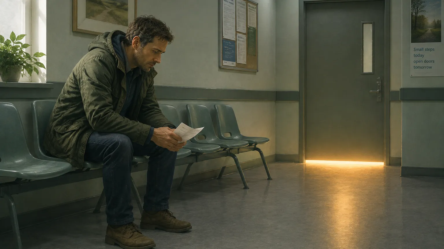 A person still in their coat leaning forward in a clinic waiting chair, a steady unbroken bar of light under the closed door opposite them