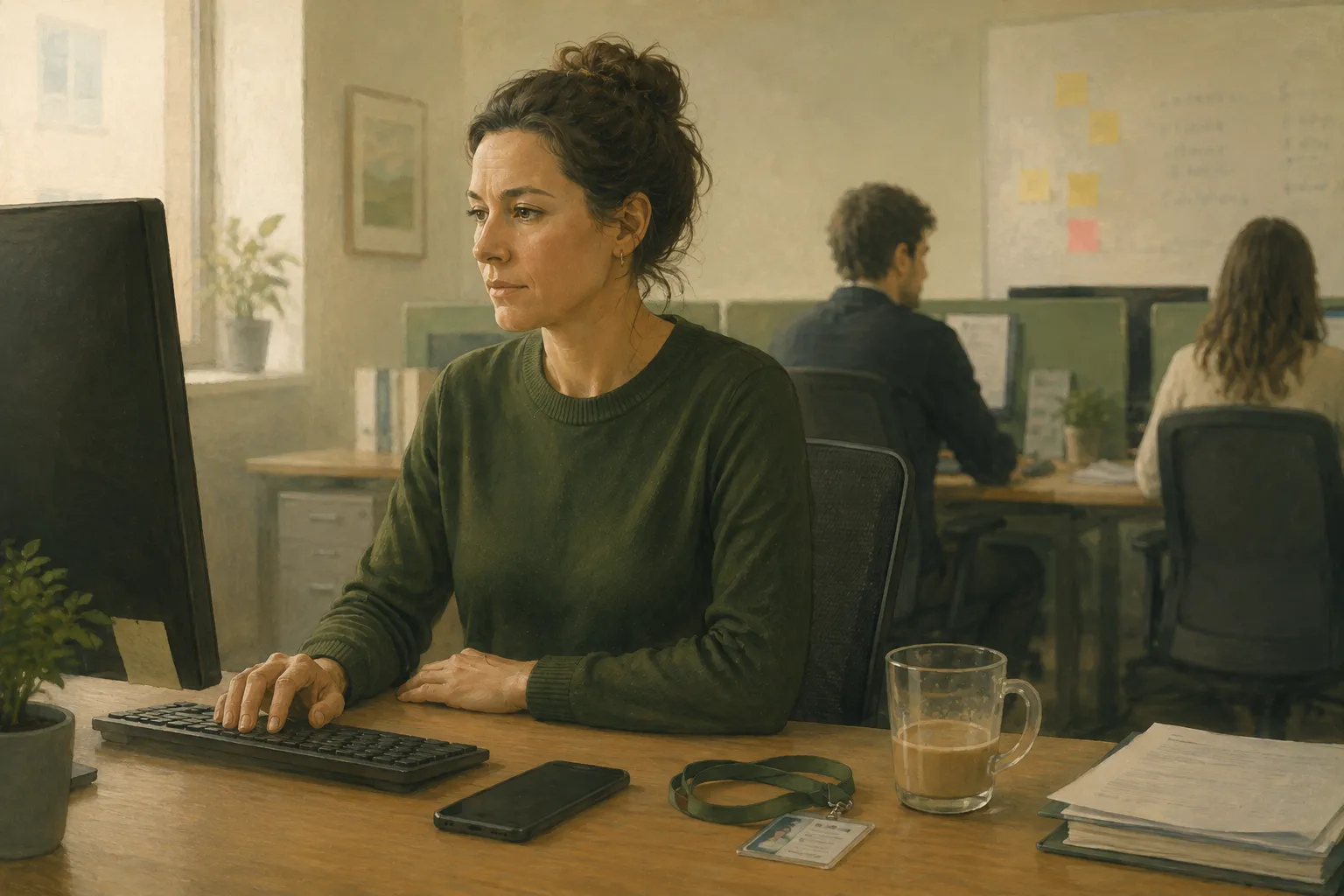 A woman at an office desk mid-afternoon, face composed, phone turned screen-down beside her keyboard while colleagues work on unaware