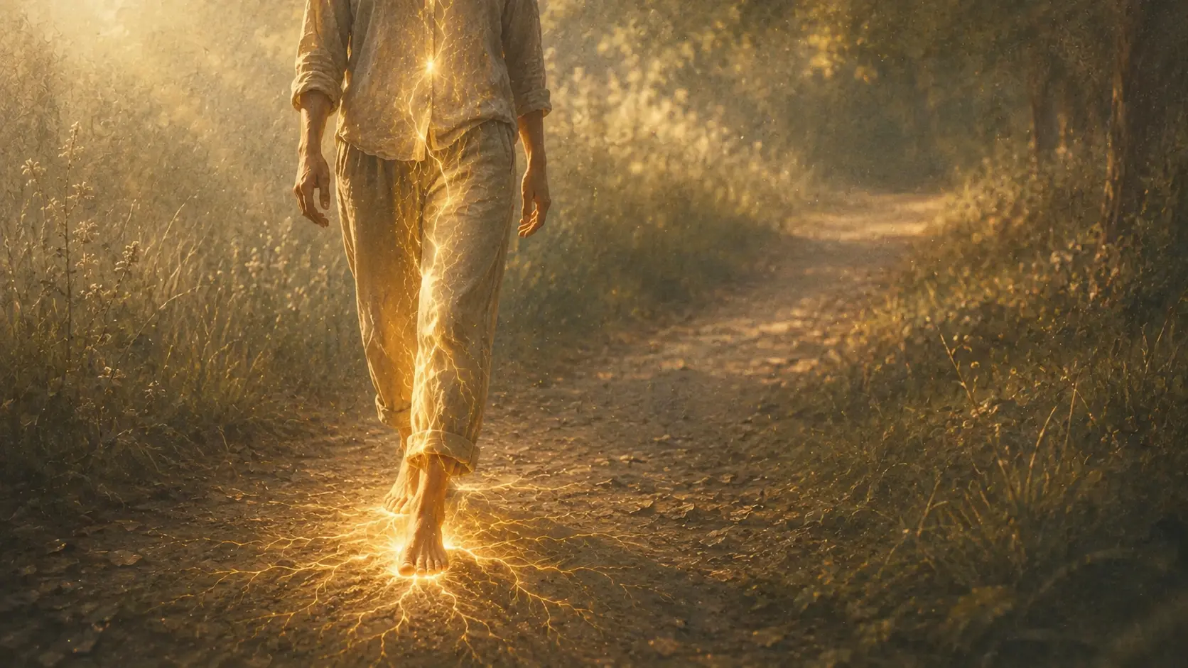 Person walking a quiet familiar path with soft morning light, attention resting on the rhythm of their feet rather than on the way ahead