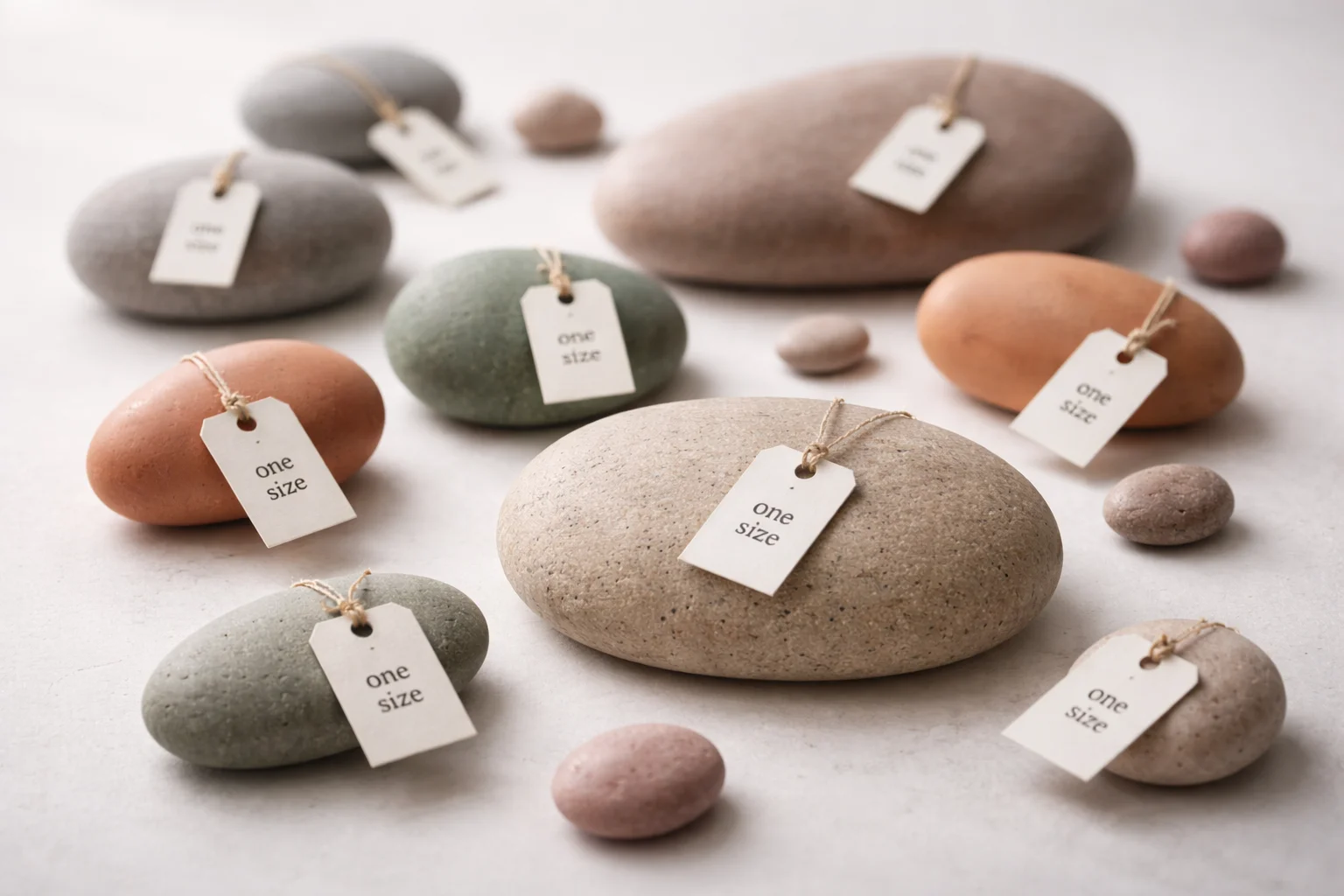 Varied organic shapes each tagged with identical 'one size' labels, illustrating why standardized meditation scripts fail to fit individual needs