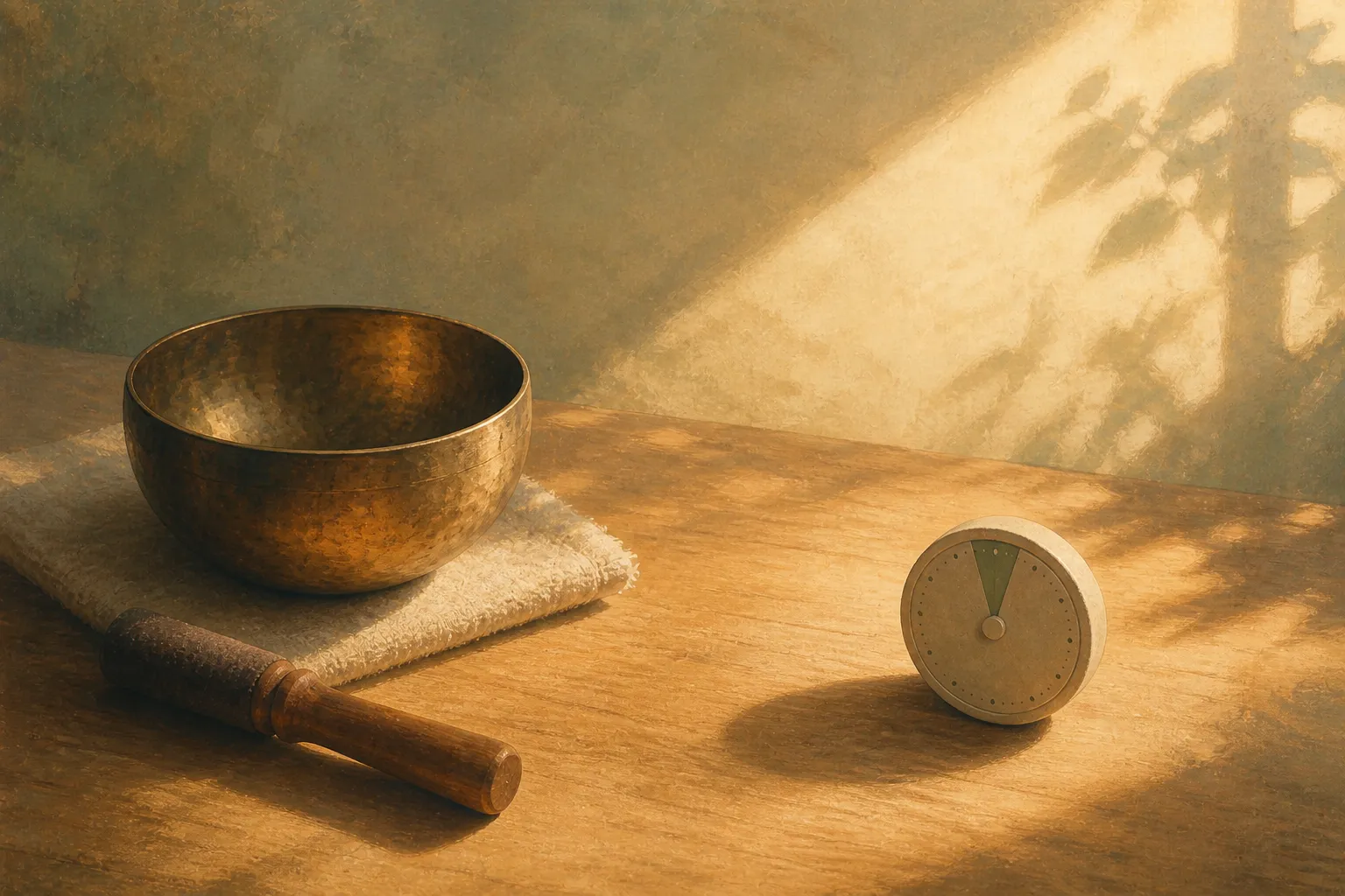 Singing bowl beside a simple timer on a wooden surface, morning light casting soft shadows across the meditation space