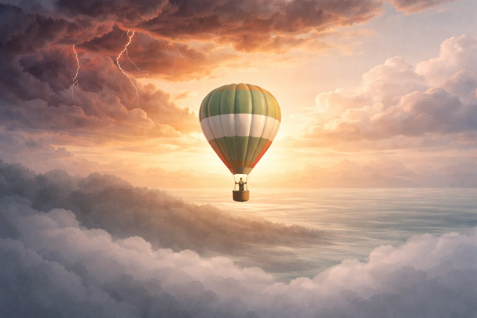 Hot air balloon floating in calm golden light between stormy clouds above and grey fog below, representing the window of tolerance zones