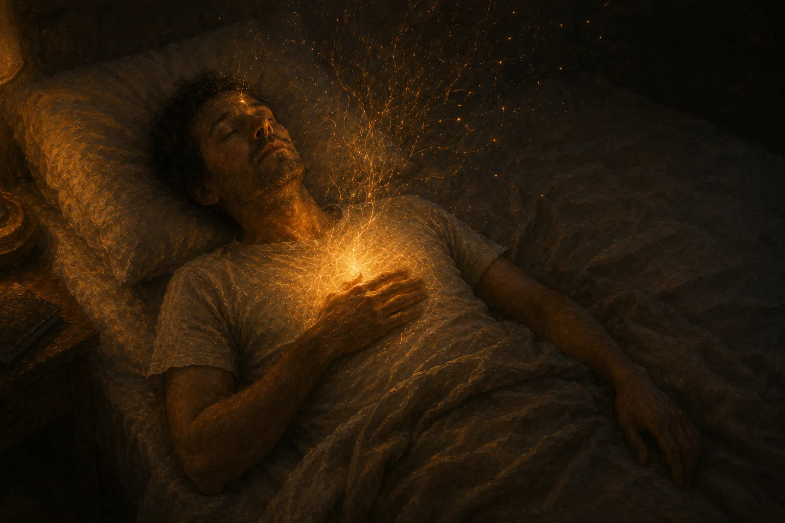 A person lying still in bed at night in soft lamplight, eyes closed, settling into calm awareness before sleep