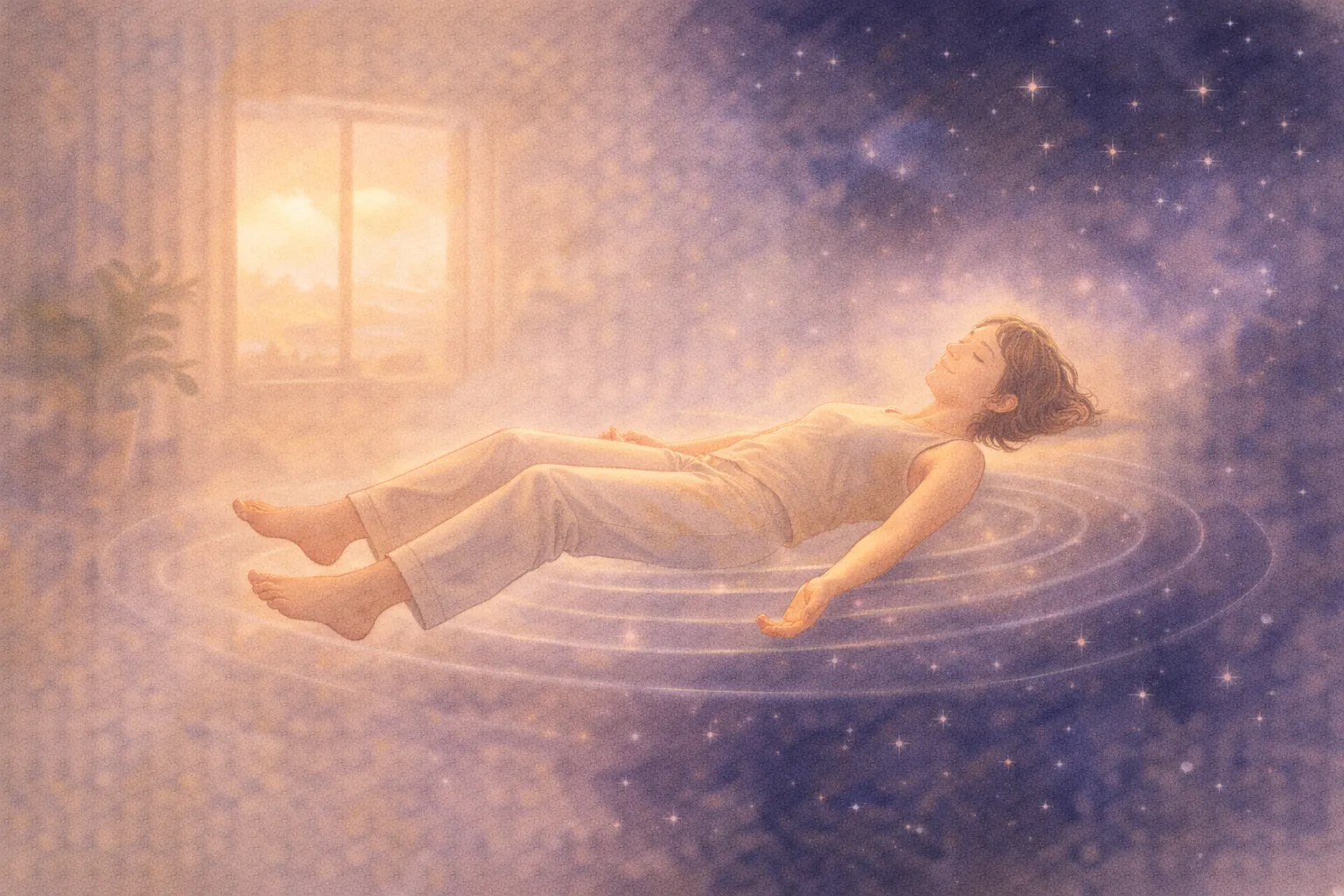 Person lying in savasana position for yoga nidra practice with soft natural light representing the state between wakefulness and sleep