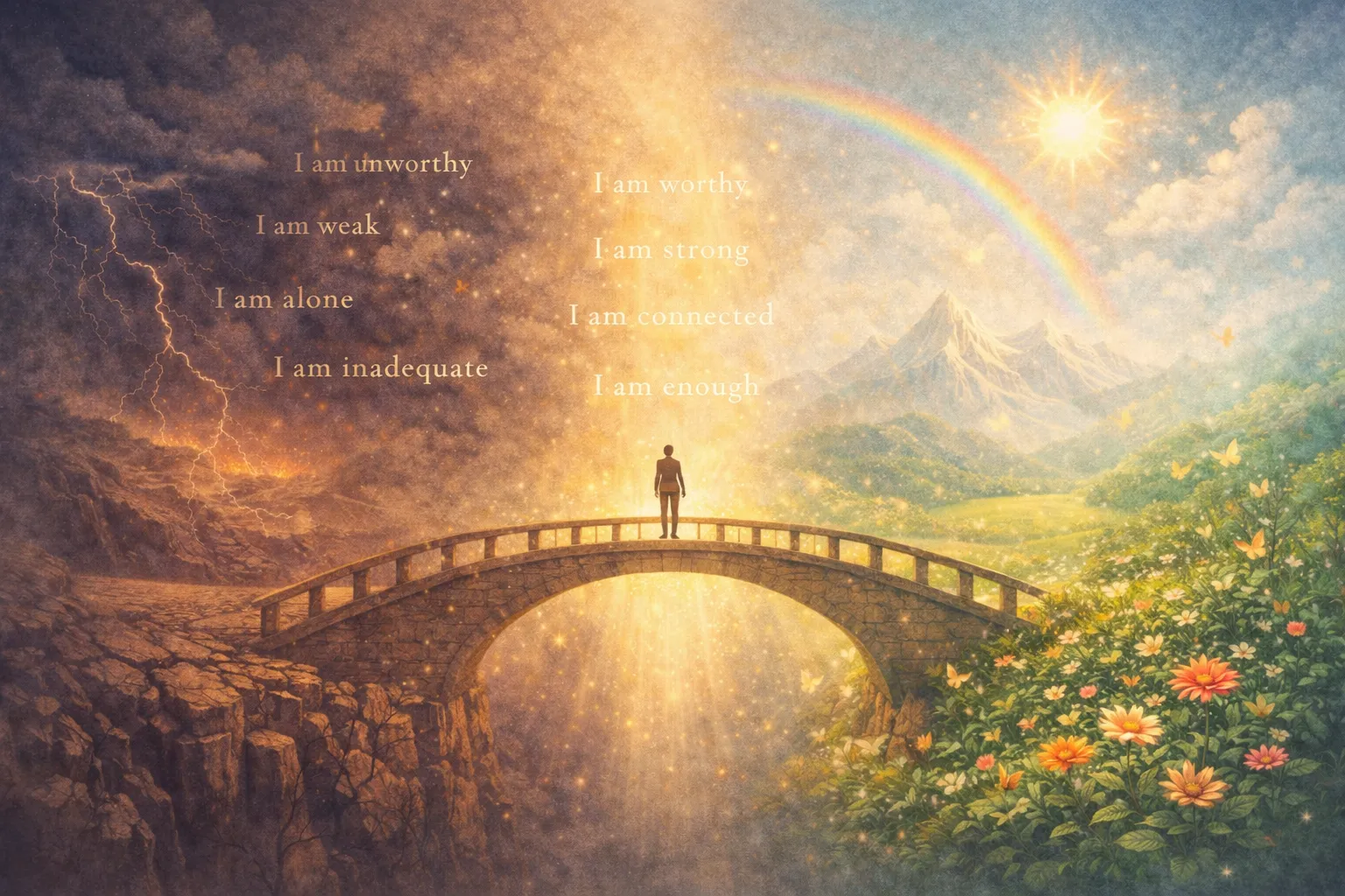 Person crossing a bridge from darkness to sunlit meadow — transforming self-doubt into self-belief