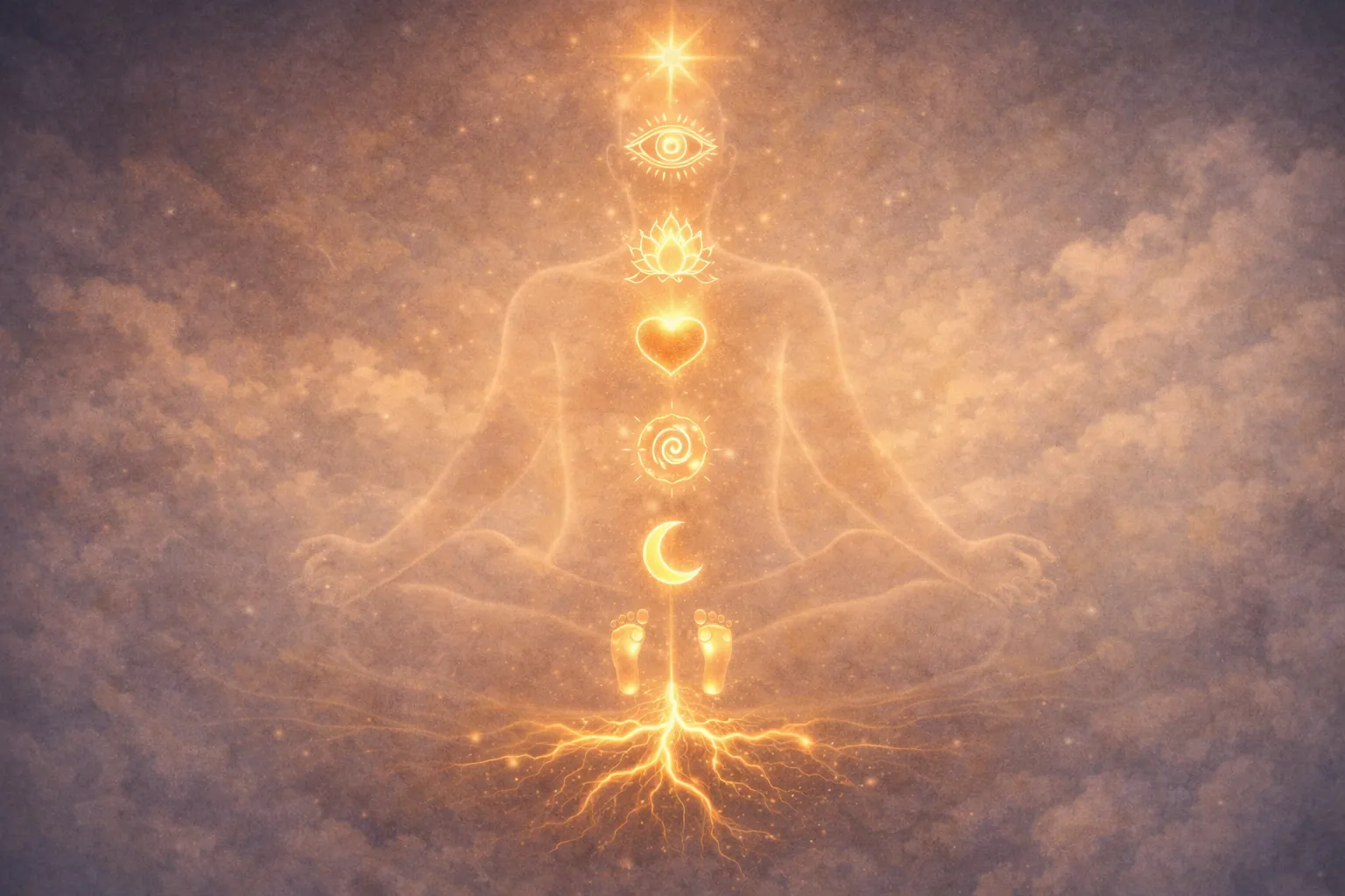 Translucent meditating figure with glowing energy points from crown to root — progressive body awareness