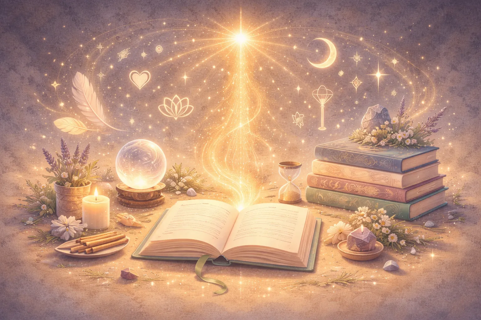 Open book with golden light rising among candles and crystals — morning clarity and purpose