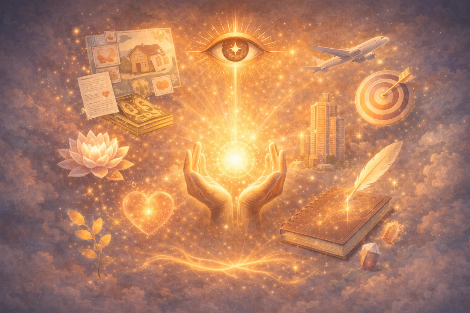 Hands holding radiant light surrounded by vision board, target, and city skyline — focused visualization