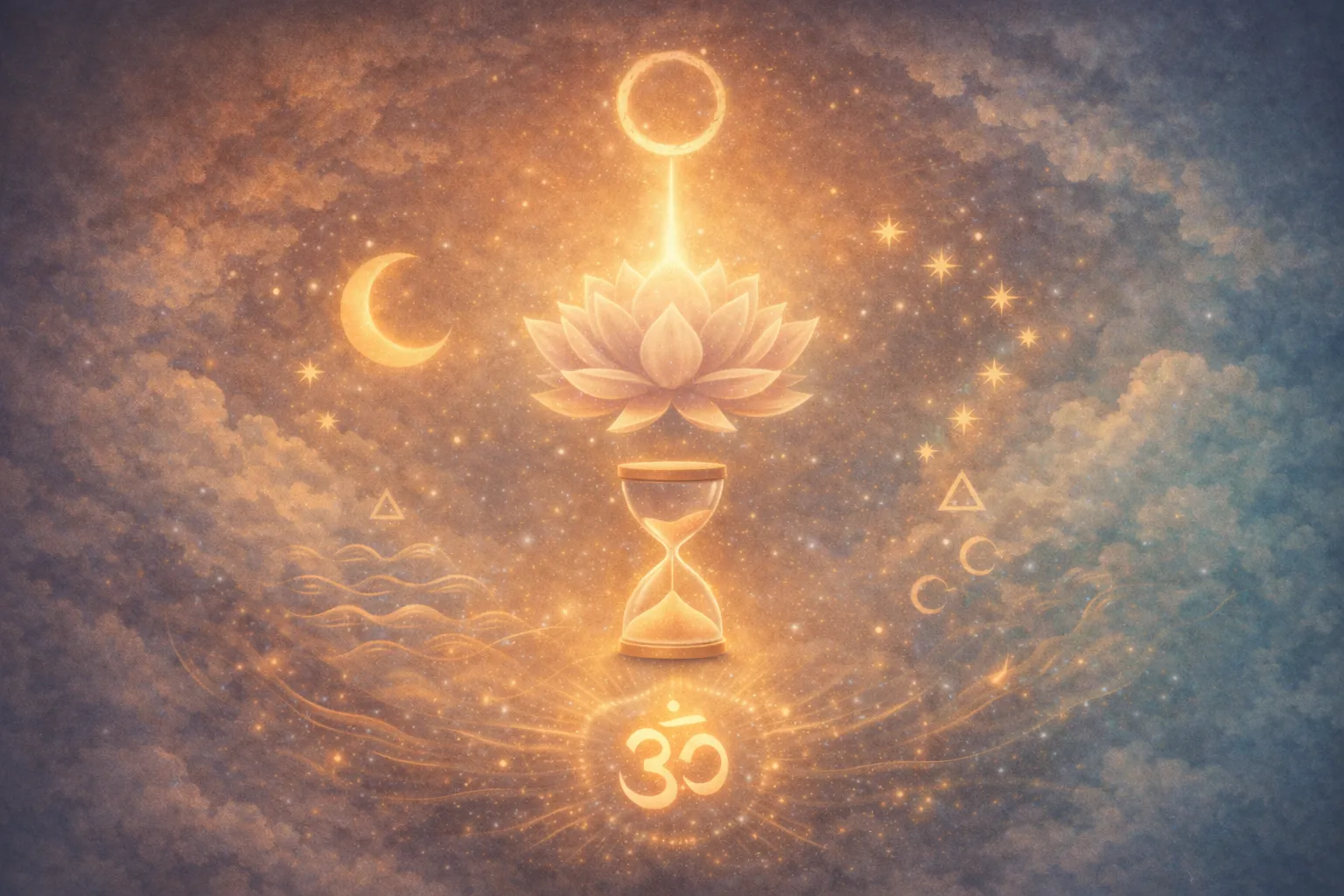 Lotus flower above an hourglass with Om symbol — the liminal state between wakefulness and sleep