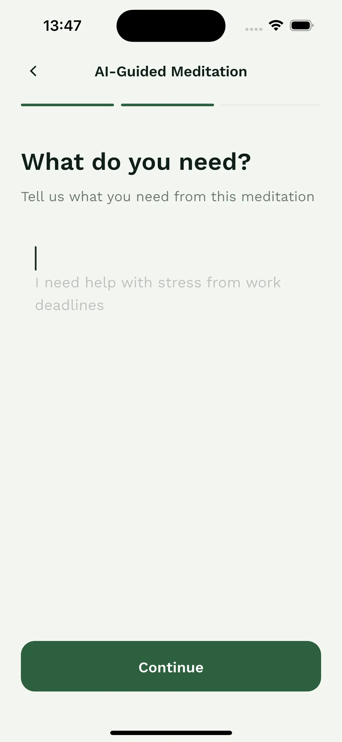 StillMind AI prompt interface showing custom session creation