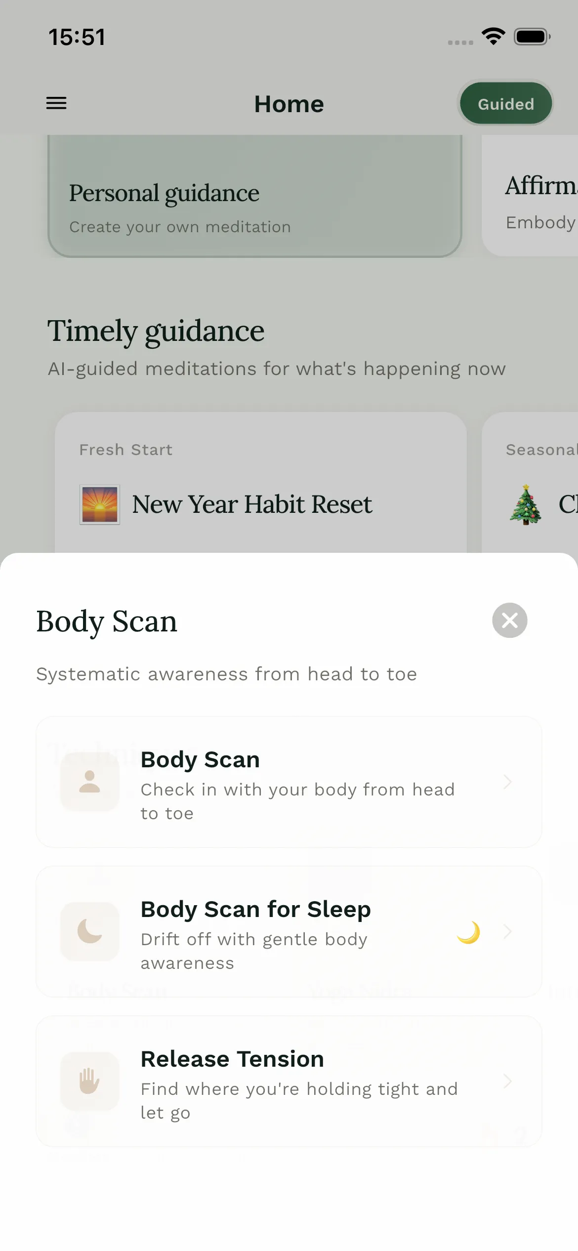 StillMind body scan meditation variants — body scan, body scan for sleep, release tension