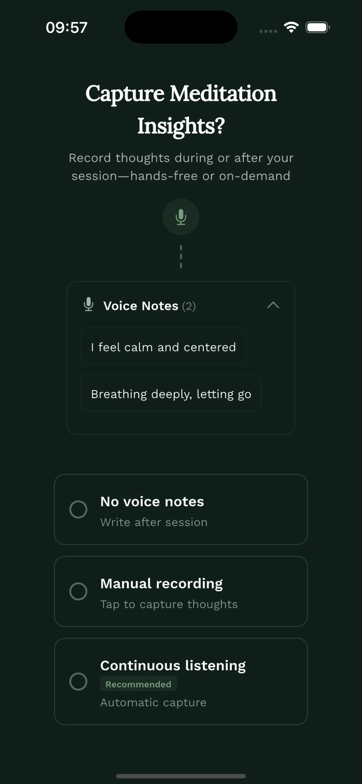 StillMind voice recording interface with active waveform visualization