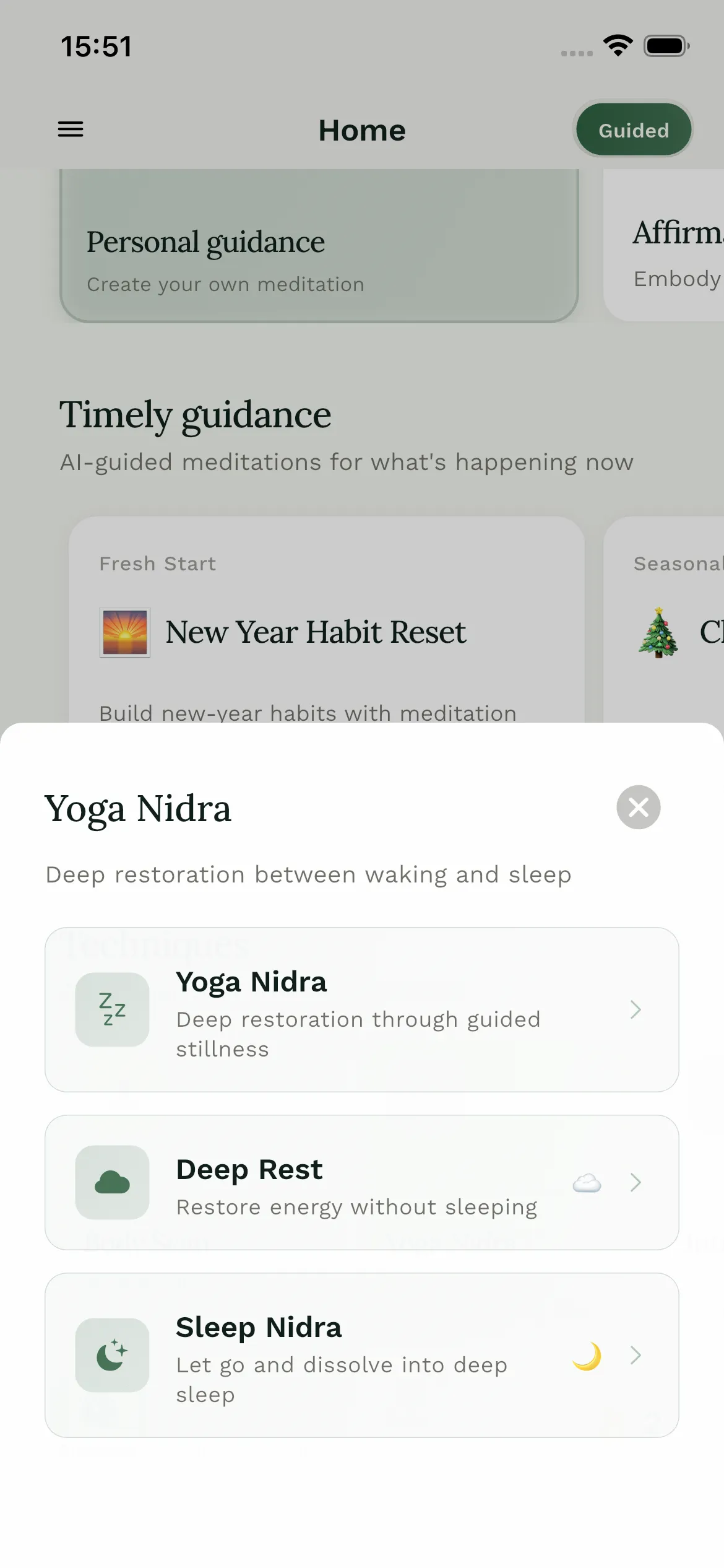 StillMind yoga nidra variants — yoga nidra, deep rest, sleep nidra